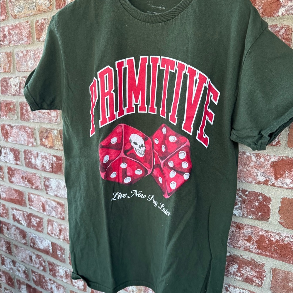 Primitive Green Tee with Red and White Dice Graphic